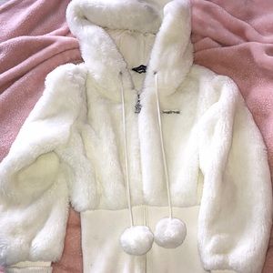Bebe XS Faux Fur Jacket Coat White Hoodie 199$